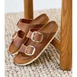 Birkenstock Arizona Big Buckle Narrow Slide Sandal Women Cognac Oiled Leather 39